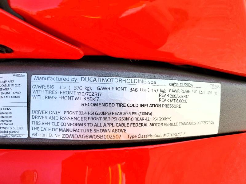 Продаж на аукціоні авто 2025 Ducati Panigale, vin: ZDMDAG6W0SB002507, номер лоту: 62198606