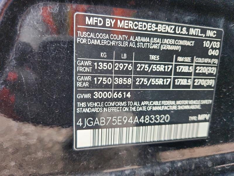 2004 Mercedes-benz Ml მანქანა იყიდება აუქციონზე, vin: 4JGAB75E94A483320, აუქციონის ნომერი: 66338266