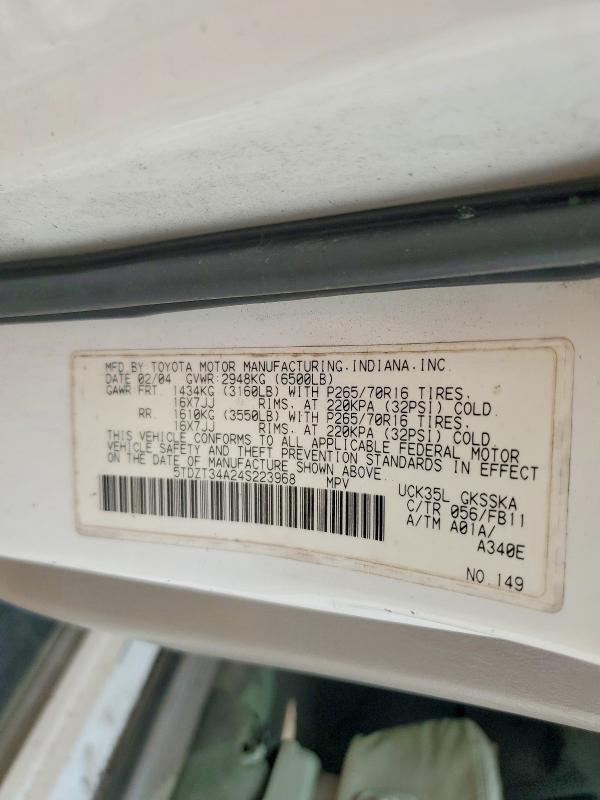 2004 Toyota Sequoia მანქანა იყიდება აუქციონზე, vin: 5TDZT34A24S223968, აუქციონის ნომერი: 64667306