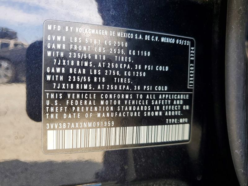 63716326 :رقم المزاد ، 3VV3B7AX3NM091959 vin ، 2022 Volkswagen Tiguan مزاد بيع