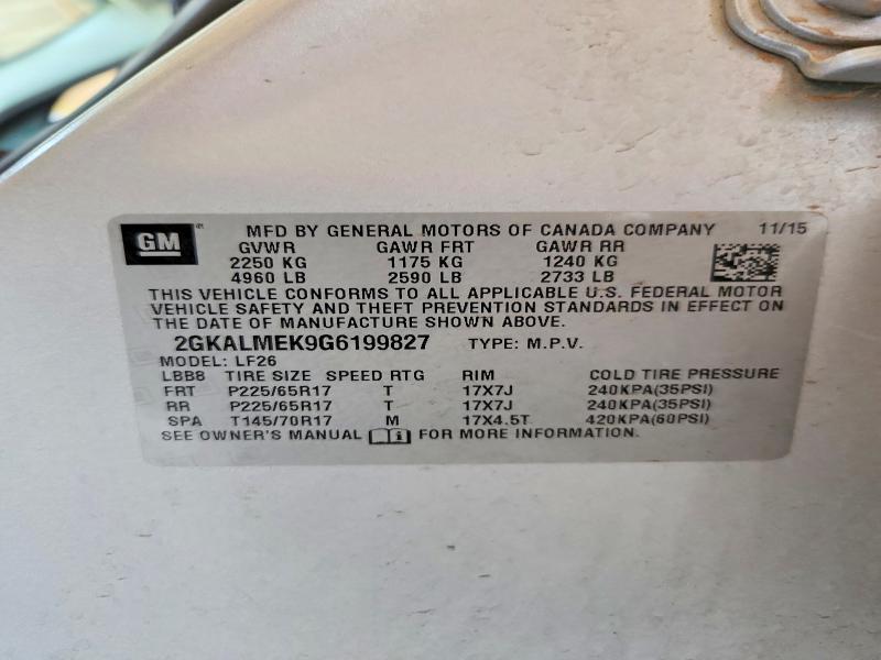 2016 Gmc Terrain მანქანა იყიდება აუქციონზე, vin: 2GKALMEK9G6199827, აუქციონის ნომერი: 66242456