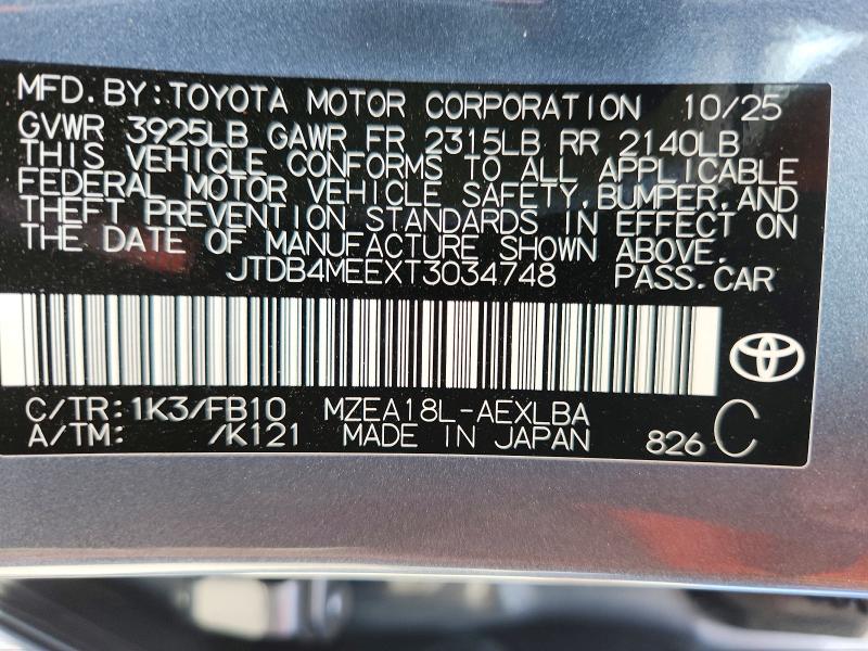 Продаж на аукціоні авто 2026 Toyota Corolla, vin: JTDB4MEEXT3034748, номер лоту: 61449096