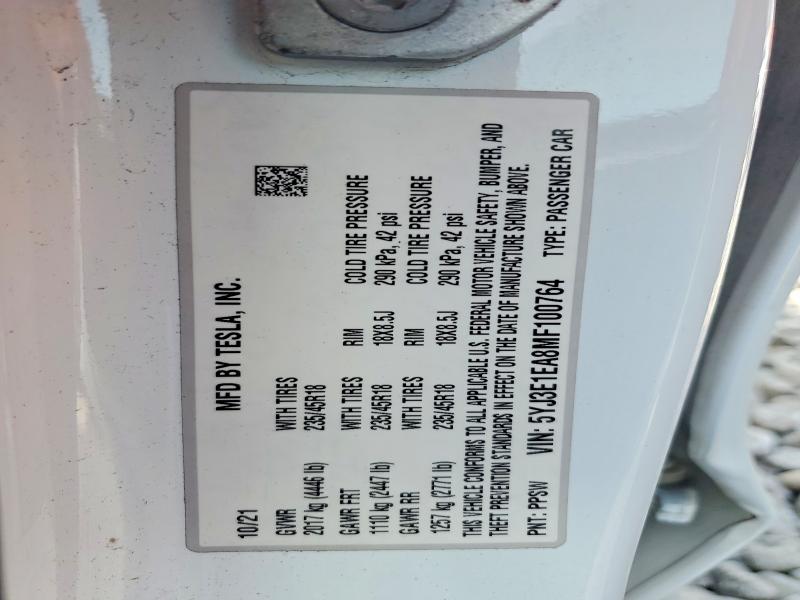 Aukcja sprzedaży 2021 Tesla Model 3, vin: 5YJ3E1EA8MF100764, numer aukcji: 63248066
