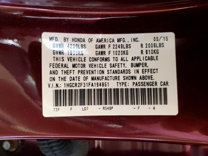 2015 Honda Accord მანქანა იყიდება აუქციონზე, vin: 1HGCR2F31FA194851, აუქციონის ნომერი: 63596536