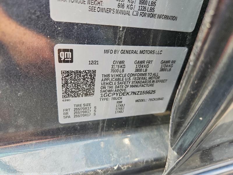 2022 Chevrolet Silverado Ltd მანქანა იყიდება აუქციონზე, vin: 1GCPYDEK7NZ155625, აუქციონის ნომერი: 63893236