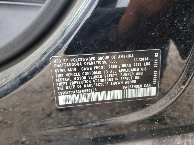 Auction sale of the 2015 Volkswagen Passat, vin: 1VWAT7A33FC050988, lot number: 64657286