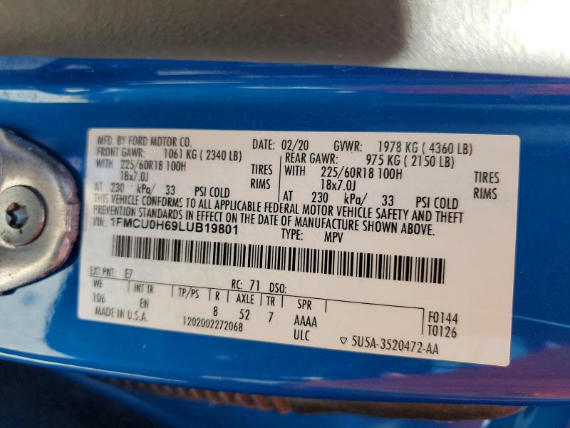 2020 Ford Escape მანქანა იყიდება აუქციონზე, vin: 1FMCU0H69LUB19801, აუქციონის ნომერი: 65301016
