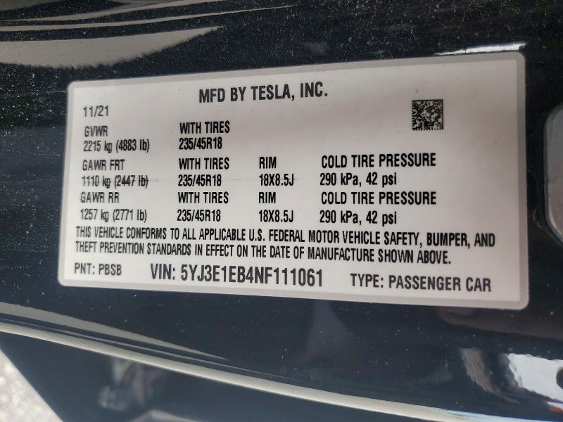 Aukcja sprzedaży 2022 Tesla Model 3, vin: 5YJ3E1EB4NF111061, numer aukcji: 64914736