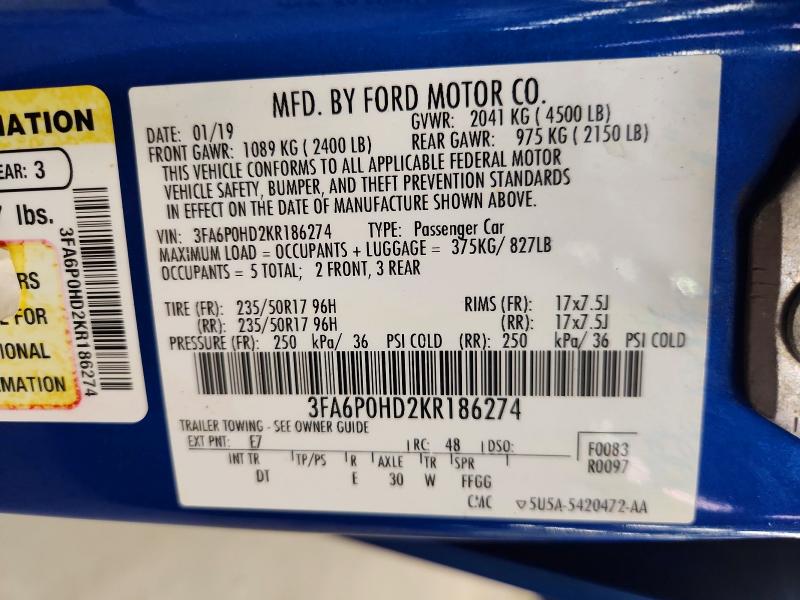 Продажа на аукционе авто 2019 Ford Fusion, vin: 3FA6P0HD2KR186274, номер лота: 66980516