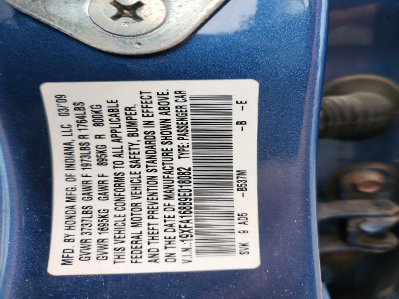 64437686 :رقم المزاد ، 19XFA16889E018082 vin ، 2009 Honda Civic مزاد بيع