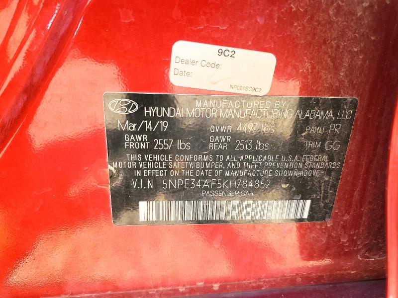 2019 Hyundai Sonata მანქანა იყიდება აუქციონზე, vin: 5NPE34AF5KH784852, აუქციონის ნომერი: 66756056
