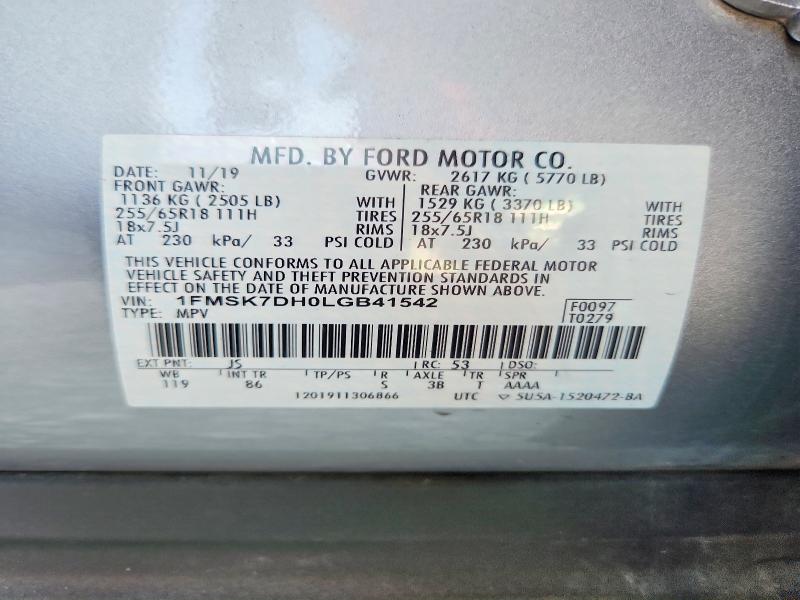 Auction sale of the 2020 Ford Explorer, vin: 1FMSK7DH0LGB41542, lot number: 65096886