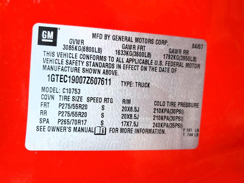 67192536 :رقم المزاد ، 1GTEC19007Z607611 vin ، 2007 Gmc New Sierra مزاد بيع