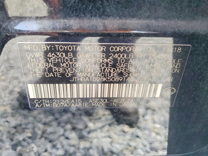 64674736 :رقم المزاد ، JTHBA1D28K5089148 vin ، 2019 Lexus Is مزاد بيع