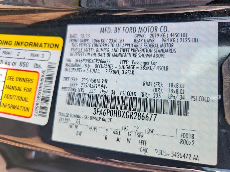 Auction sale of the 2016 Ford Fusion, vin: 3FA6P0HDXGR286677, lot number: 64673836