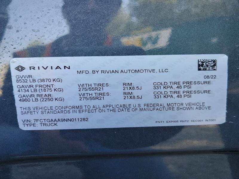 Продаж на аукціоні авто 2022 Rivian R1t, vin: 7FCTGAAA9NN011282, номер лоту: 63600756