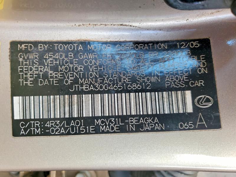 Продажа на аукционе авто 2006 Lexus Es, vin: JTHBA30G465168612, номер лота: 66845516