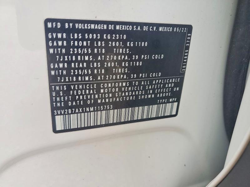 64837546 :رقم المزاد ، 3VV2B7AX1NM115753 vin ، 2022 Volkswagen Tiguan مزاد بيع