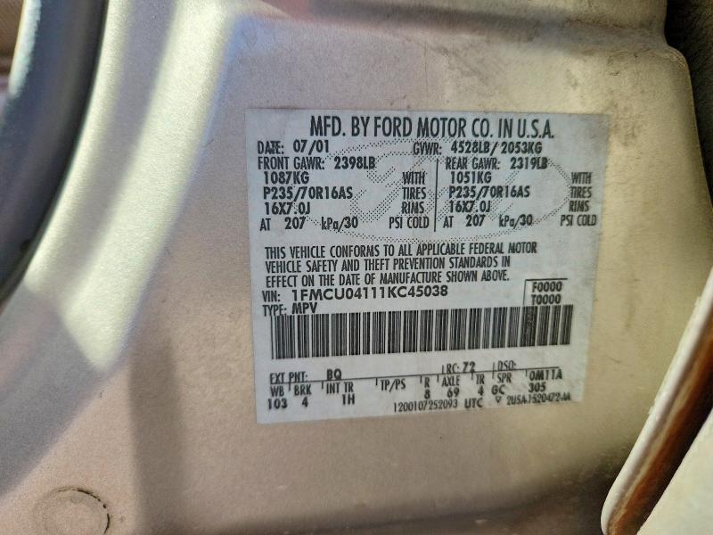 2001 Ford Escape მანქანა იყიდება აუქციონზე, vin: 1FMCU04111KC45038, აუქციონის ნომერი: 66353926