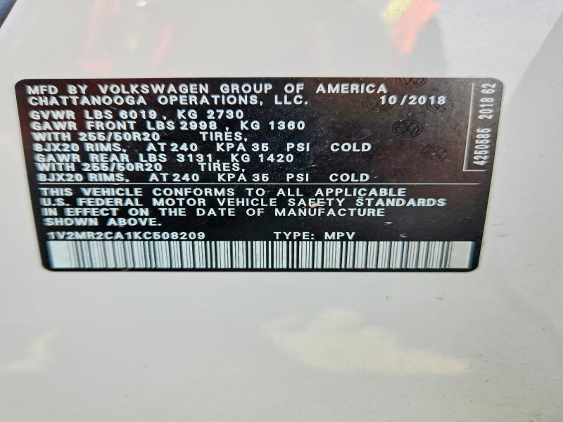 2019 Volkswagen Atlas მანქანა იყიდება აუქციონზე, vin: 1V2MR2CA1KC508209, აუქციონის ნომერი: 64271816