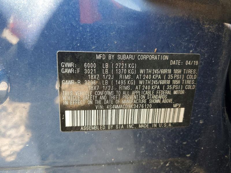 2019 Subaru Ascent მანქანა იყიდება აუქციონზე, vin: 4S4WMACD9K3476120, აუქციონის ნომერი: 66109956