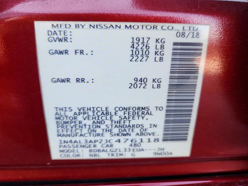2018 Nissan Altima მანქანა იყიდება აუქციონზე, vin: 1N4AL3AP2JC476118, აუქციონის ნომერი: 63739256