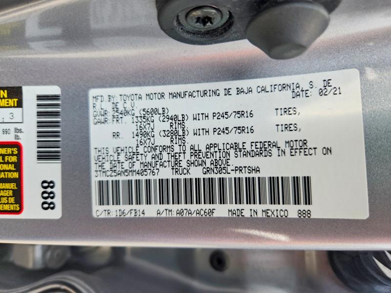 Продажа на аукционе авто 2021 Toyota Tacoma, vin: 3TMCZ5AN5MM405767, номер лота: 64304296