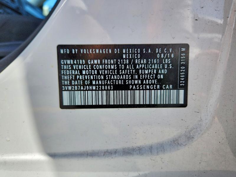 Продаж на аукціоні авто 2017 Volkswagen Jetta, vin: 3VW2B7AJ9HM228863, номер лоту: 66436196