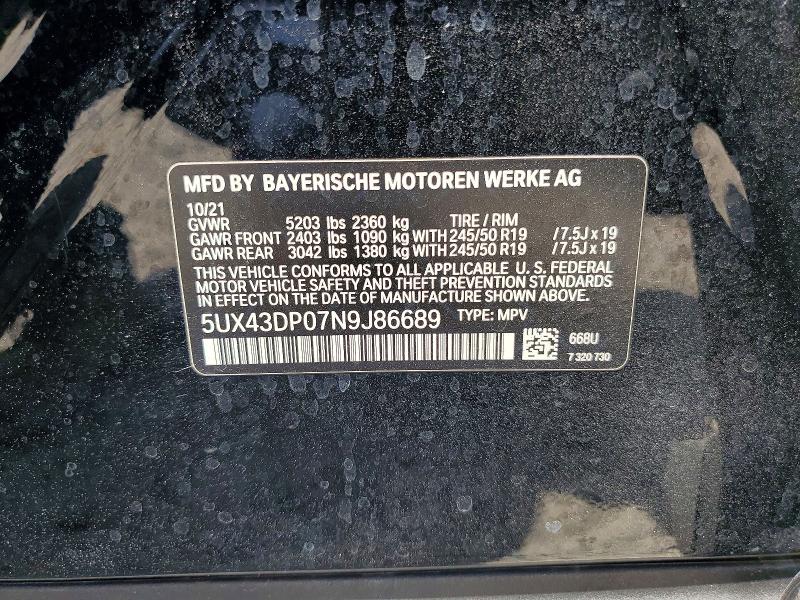 Aukcja sprzedaży 2022 Bmw X3, vin: 5UX43DP07N9J86689, numer aukcji: 65356386