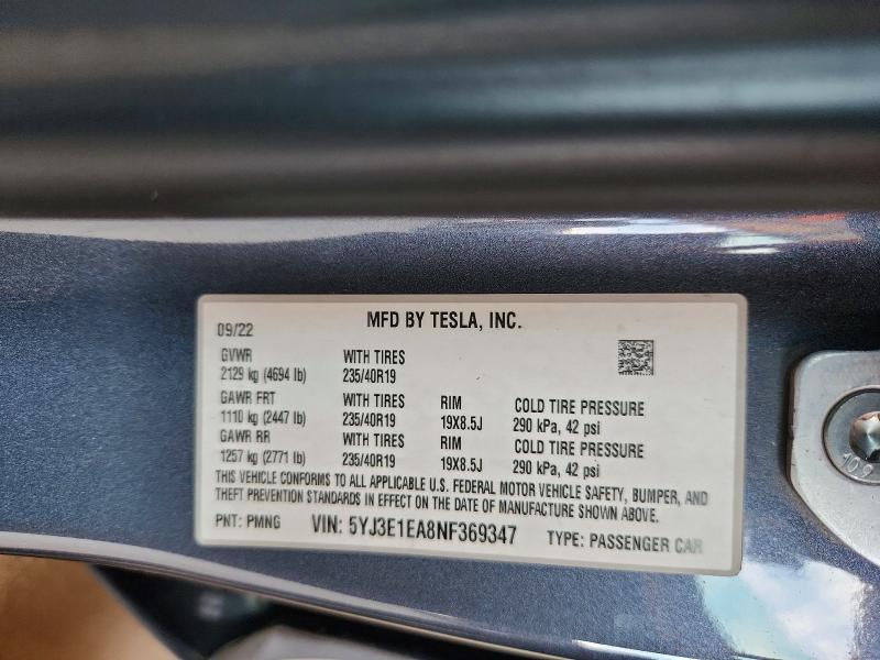 2022 Tesla Model 3 მანქანა იყიდება აუქციონზე, vin: 5YJ3E1EA8NF369347, აუქციონის ნომერი: 61449756