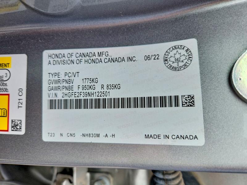 66723796 :رقم المزاد ، 2HGFE2F39NH122501 vin ، 2022 Honda Civic مزاد بيع