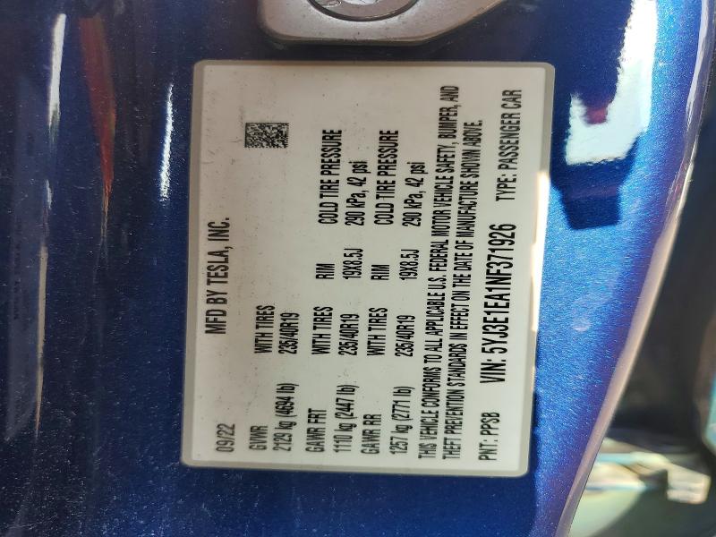 64268326 :رقم المزاد ، 5YJ3E1EA1NF371926 vin ، 2022 Tesla Model 3 مزاد بيع