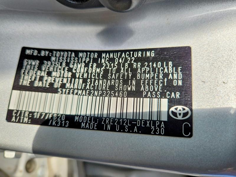 2022 Toyota Corolla მანქანა იყიდება აუქციონზე, vin: 5YFEPMAE2NP325460, აუქციონის ნომერი: 64308296