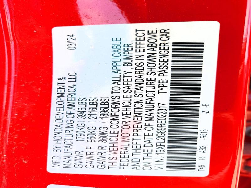 Продаж на аукціоні авто 2024 Honda Civic, vin: 19XFL2G89RE022317, номер лоту: 63158406
