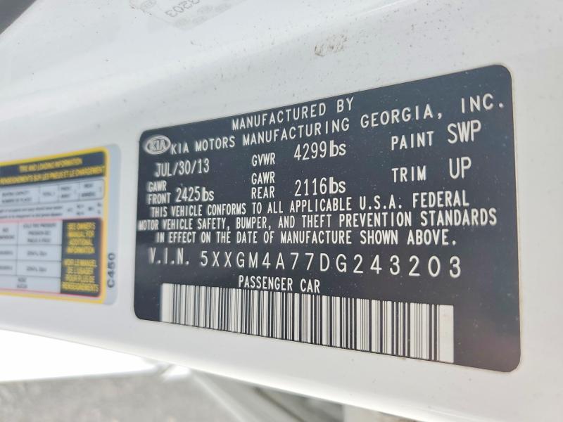 2013 Kia Optima მანქანა იყიდება აუქციონზე, vin: 5XXGM4A77DG243203, აუქციონის ნომერი: 65958816