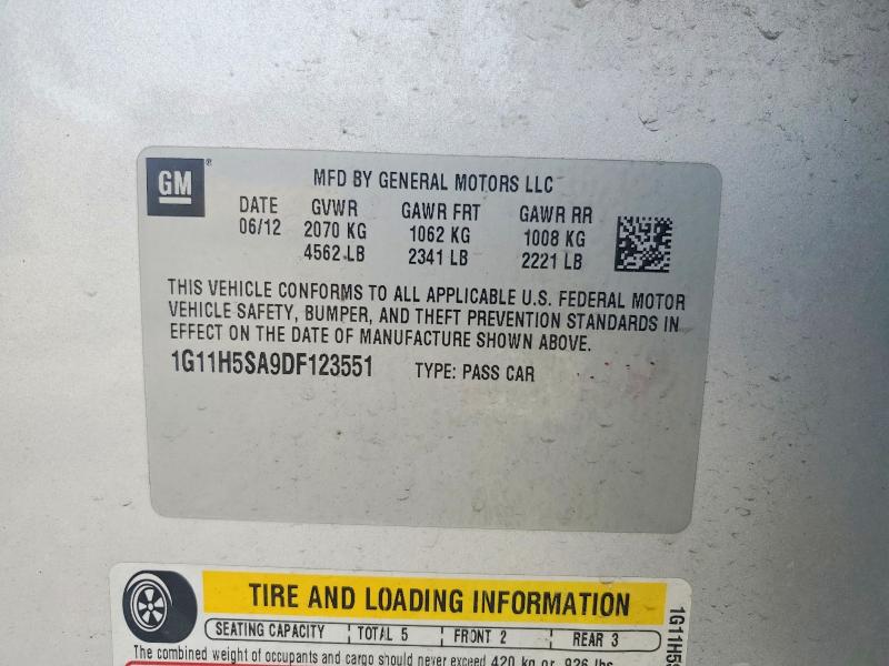 Aukcja sprzedaży 2013 Chevrolet Malibu, vin: 1G11H5SA9DF123551, numer aukcji: 63443556