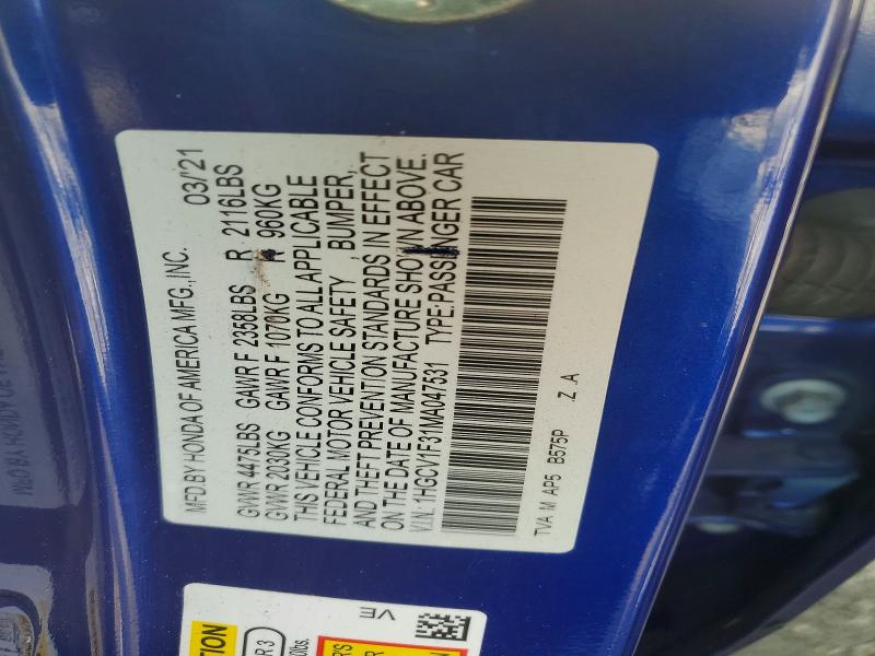 Продажа на аукционе авто 2021 Honda Accord, vin: 1HGCV1F31MA047531, номер лота: 64247626