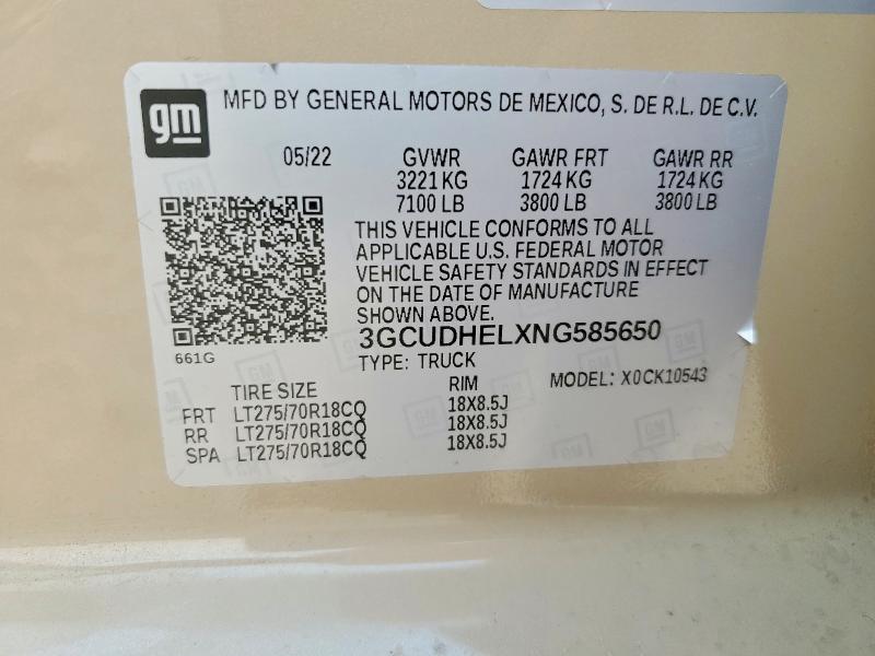 2022 Chevrolet Silverado მანქანა იყიდება აუქციონზე, vin: 3GCUDHELXNG585650, აუქციონის ნომერი: 63295506