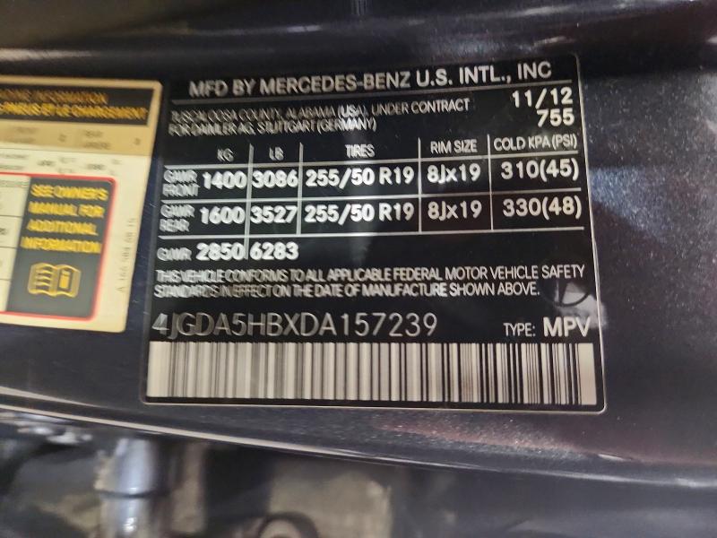 65197406 :رقم المزاد ، 4JGDA5HBXDA157239 vin ، 2013 Mercedes-benz Ml مزاد بيع