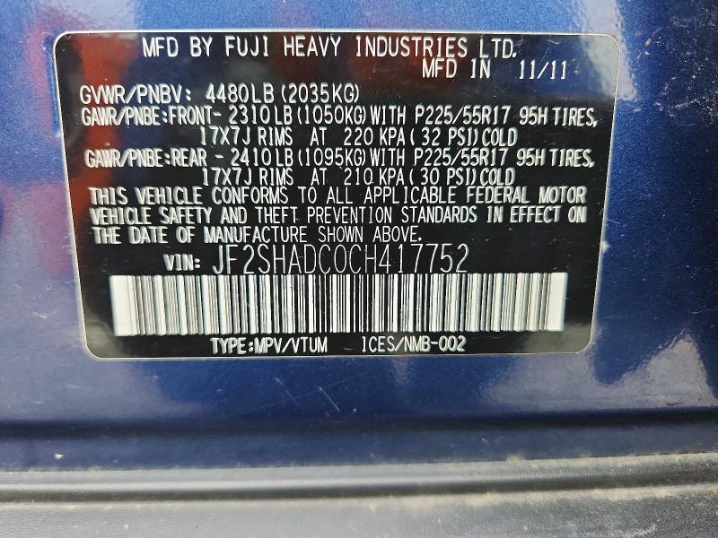 Продаж на аукціоні авто 2012 Subaru Forester, vin: JF2SHADC0CH417752, номер лоту: 64192276