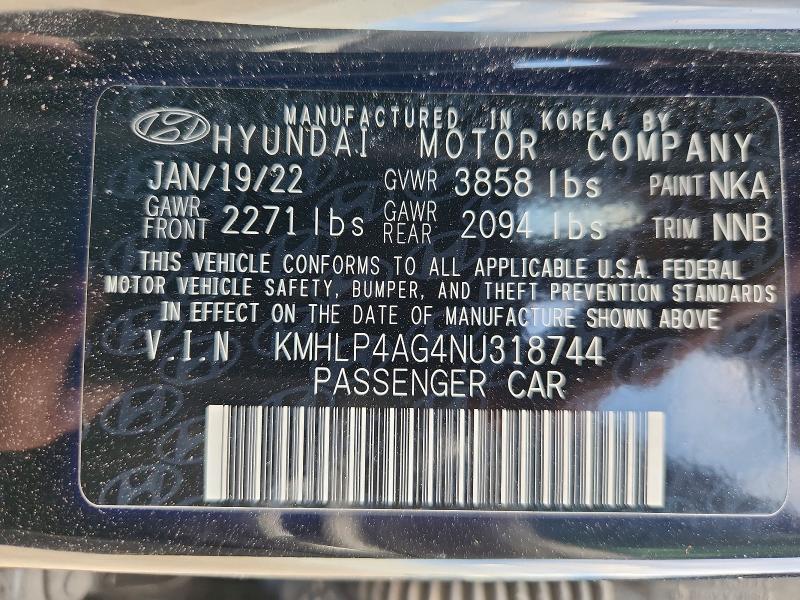 60317606 :رقم المزاد ، KMHLP4AG4NU318744 vin ، 2022 Hyundai Elantra مزاد بيع