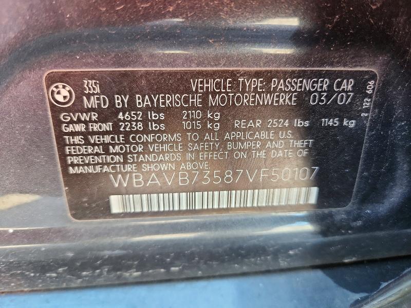 Aukcja sprzedaży 2007 Bmw 335, vin: WBAVB73587VF50107, numer aukcji: 64494106