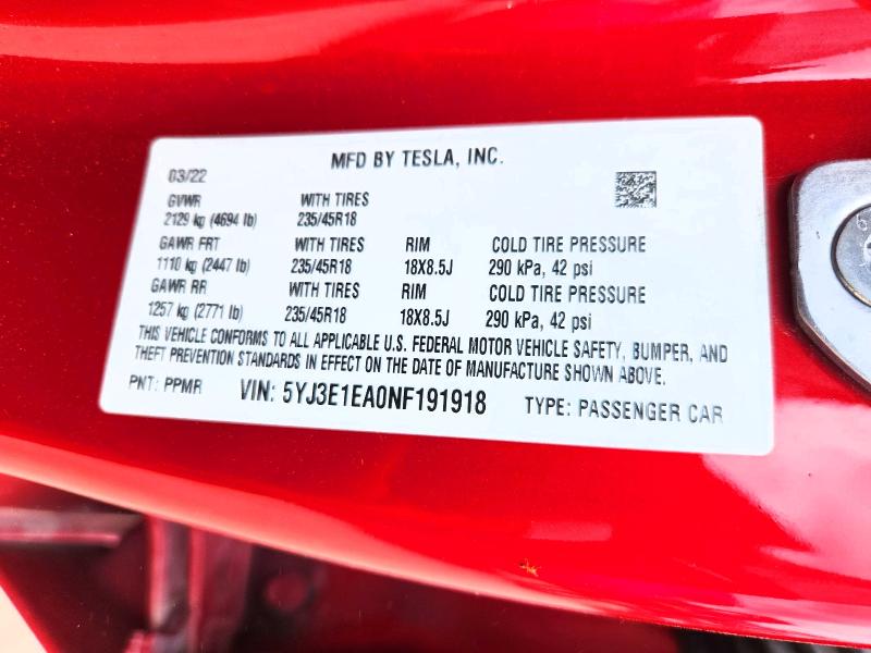 Aukcja sprzedaży 2022 Tesla Model 3, vin: 5YJ3E1EA0NF191918, numer aukcji: 64439896