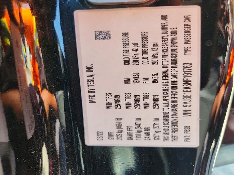 2022 Tesla Model 3 მანქანა იყიდება აუქციონზე, vin: 5YJ3E1EA8NF191763, აუქციონის ნომერი: 63795136