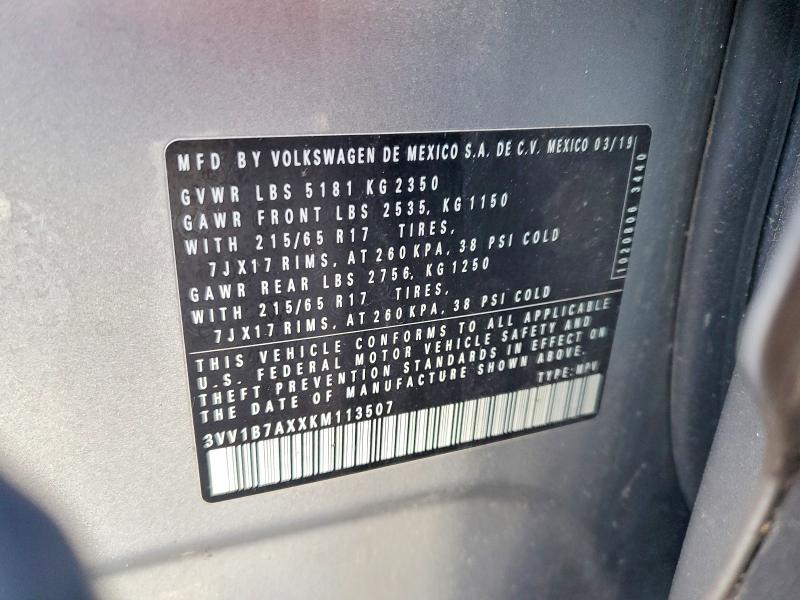 Auction sale of the 2019 Volkswagen Tiguan, vin: 3VV1B7AXXKM113507, lot number: 64226826