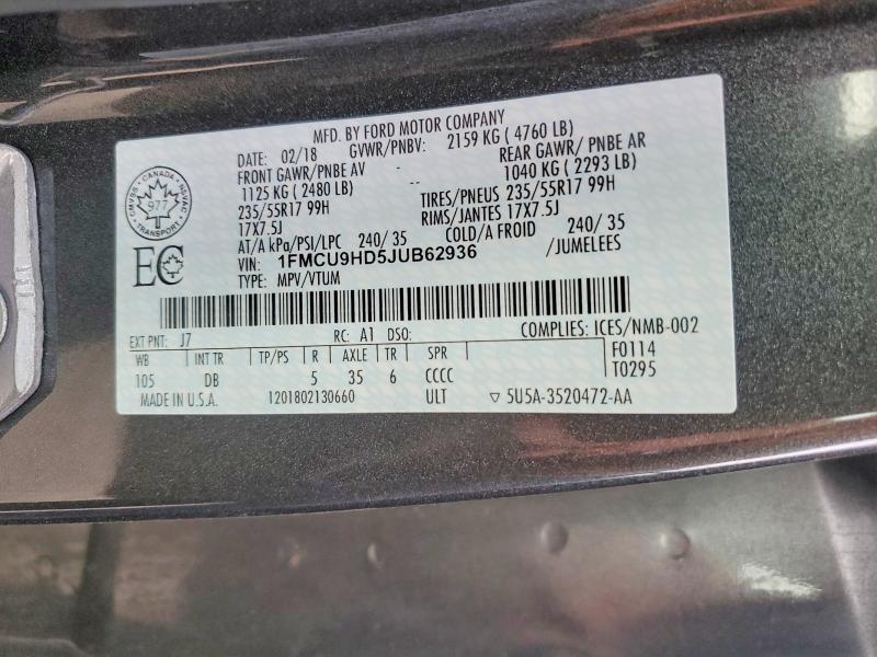 Продажа на аукционе авто 2018 Ford Escape, vin: 1FMCU9HD5JUB62936, номер лота: 66630586