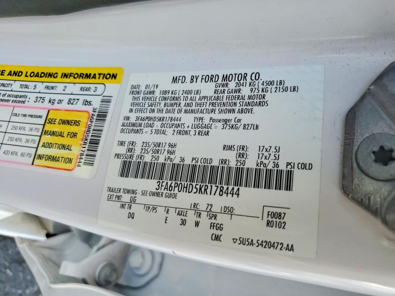 2019 Ford Fusion მანქანა იყიდება აუქციონზე, vin: 3FA6P0HD5KR178444, აუქციონის ნომერი: 66038566