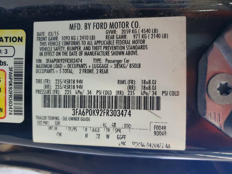 2015 Ford Fusion მანქანა იყიდება აუქციონზე, vin: 3FA6P0K92FR303474, აუქციონის ნომერი: 64038586