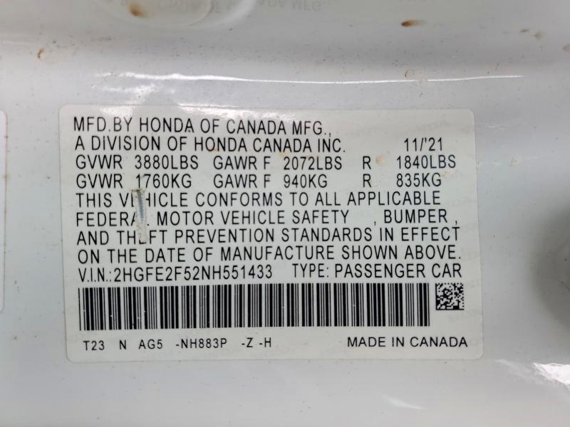 Продаж на аукціоні авто 2022 Honda Civic, vin: 2HGFE2F52NH551433, номер лоту: 63925086