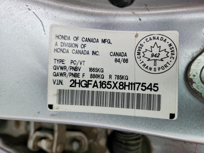 2008 Honda Civic მანქანა იყიდება აუქციონზე, vin: 2HGFA165X8H117545, აუქციონის ნომერი: 64925526